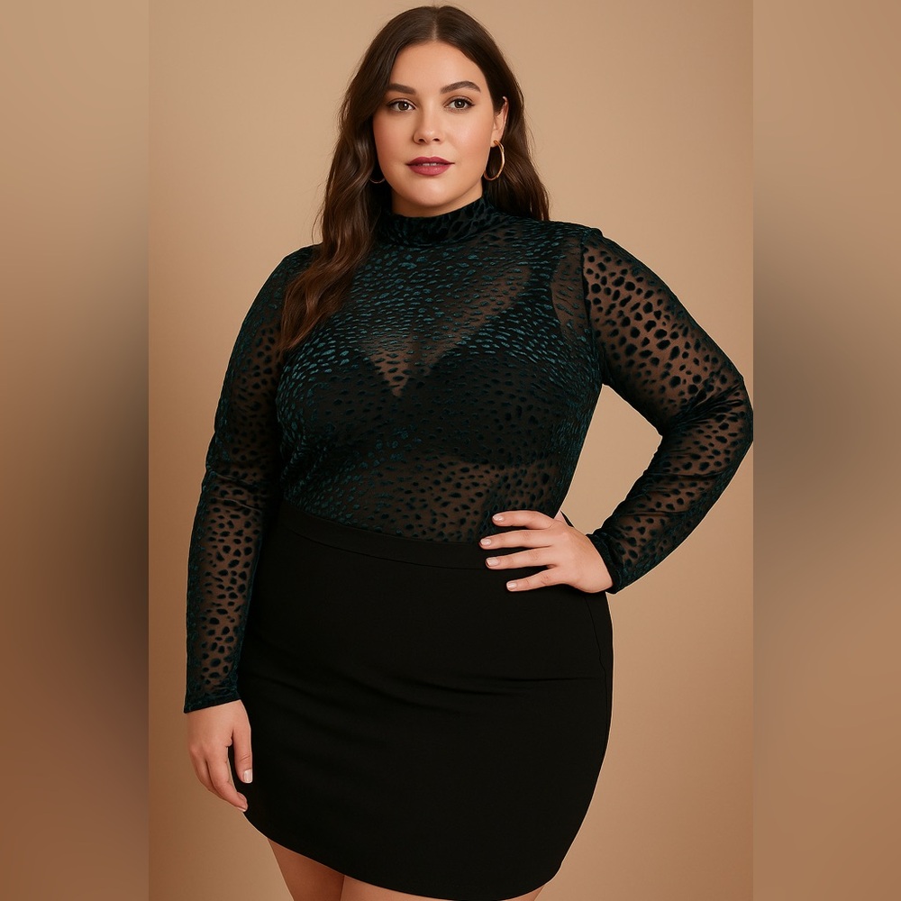 Lane Bryant Sheer Velvet Burnout Mock Neck Top Size 22/24 Teal Edgy Mob Wife
